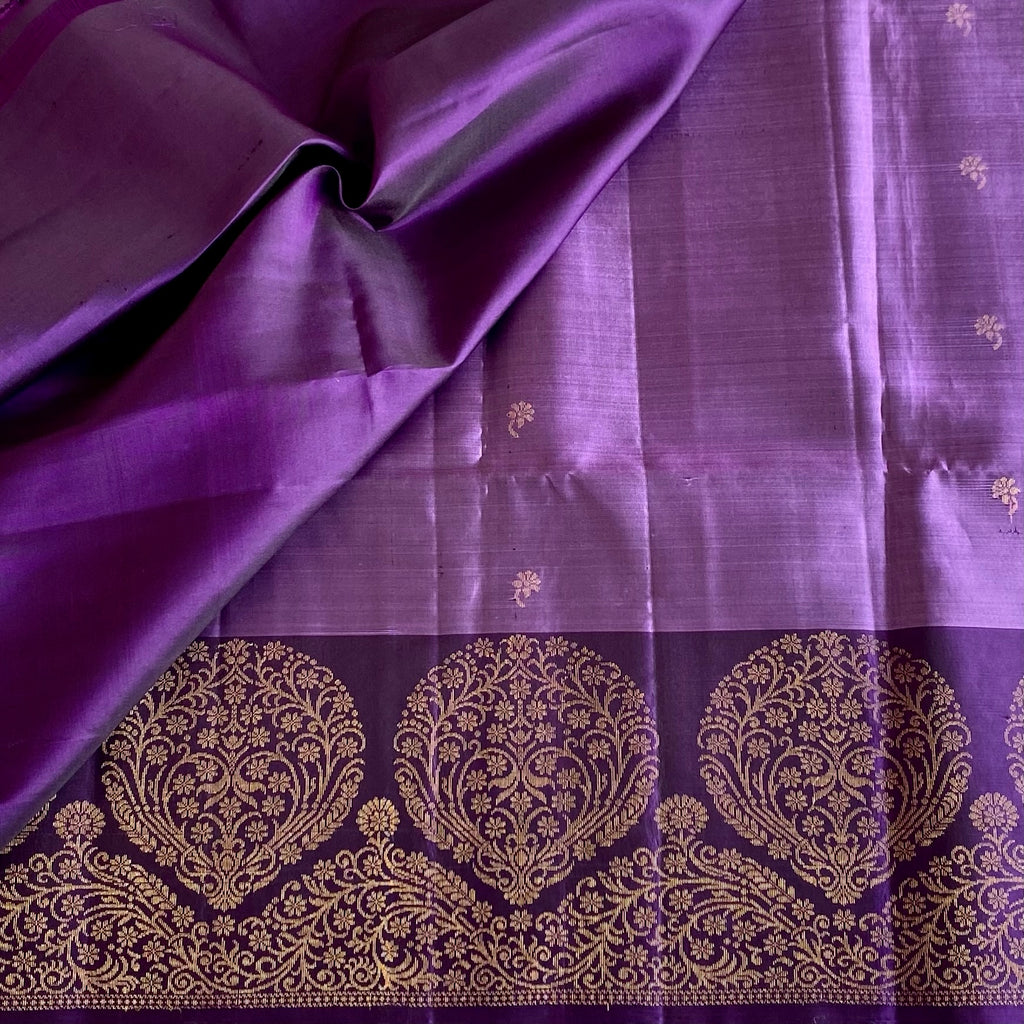 Metallic Lavender Designer Pure Silk Saree With Purple & Gold Borders