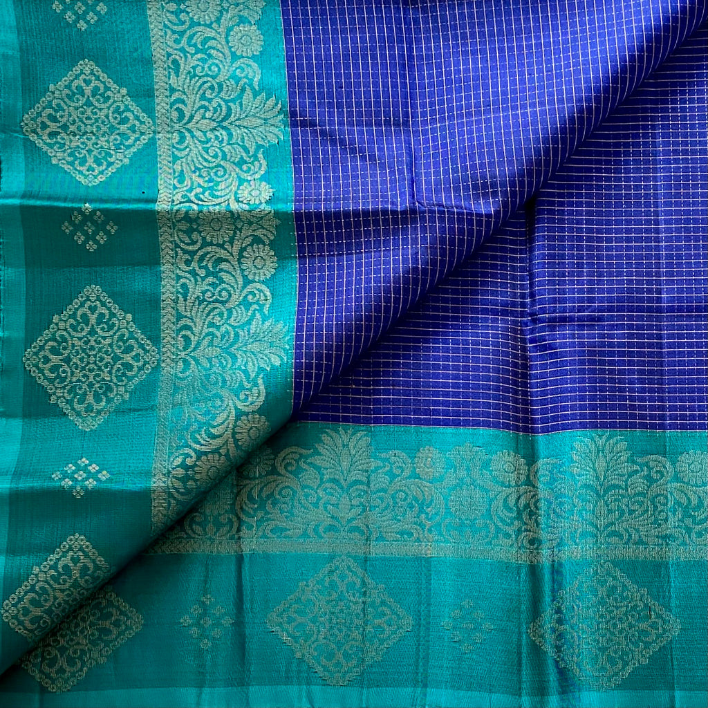 Royal Blue Designer Pure Silk Saree With Turquoise Pallu