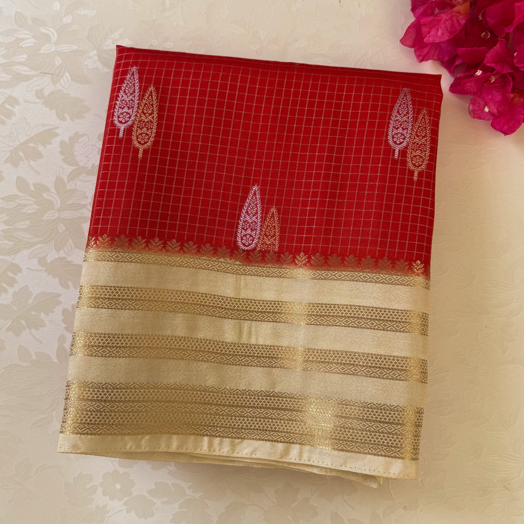 Scarlet Red Saree with Ivory Gold Brocade Border and Paisley
