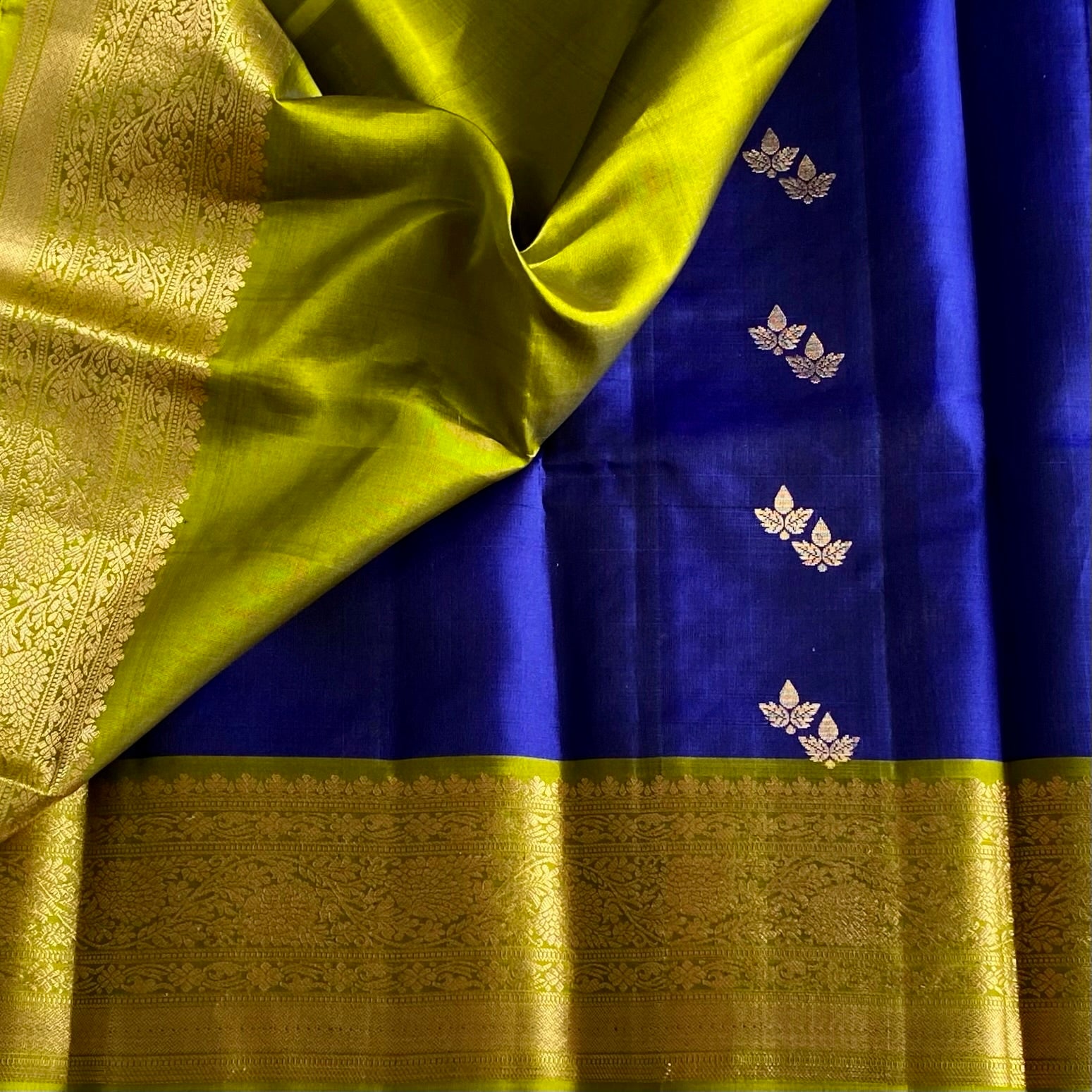 Royal Blue Designer Pure Silk with Stunner Olive n Gold buttas Contrast