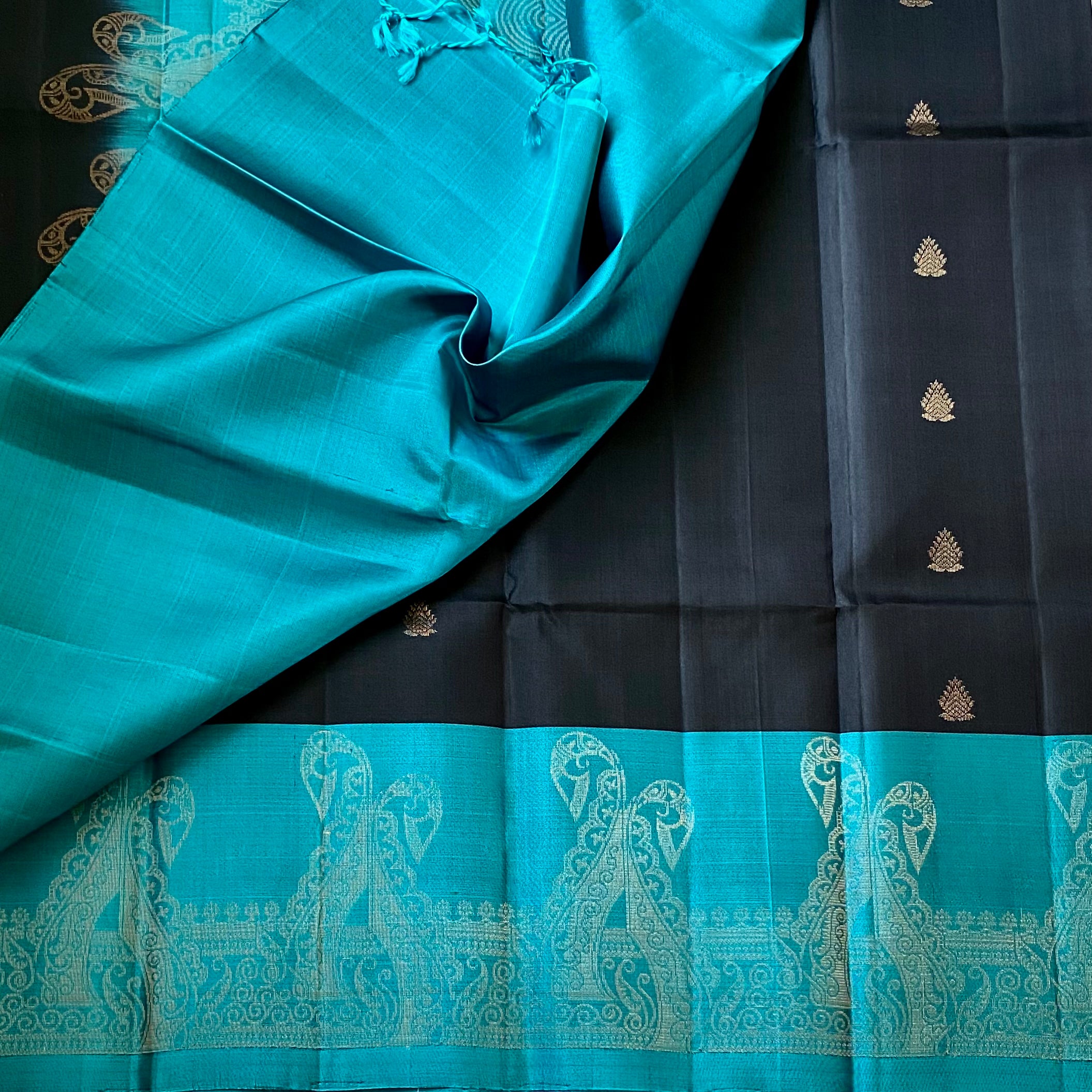 Teal Black Silk Saree Silver Zari Paisley Woven Border Traditional Festive