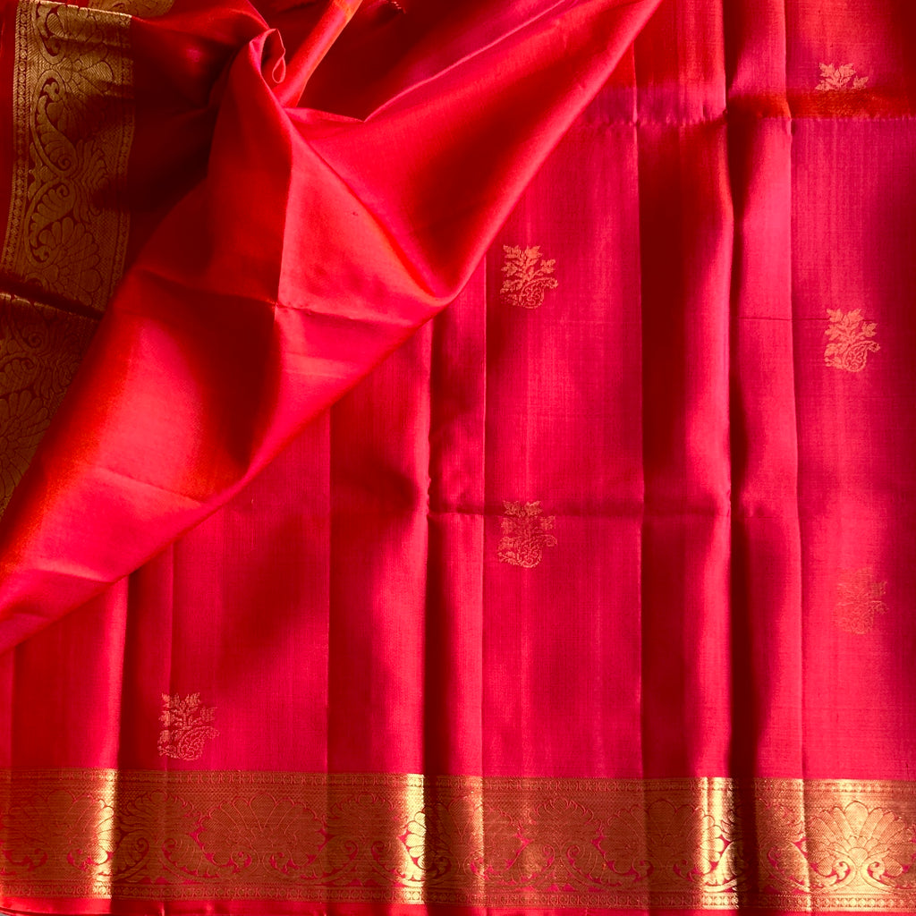 Vermilion Traditional Silk Saree Antique Gold Zari Border Wedding Wear