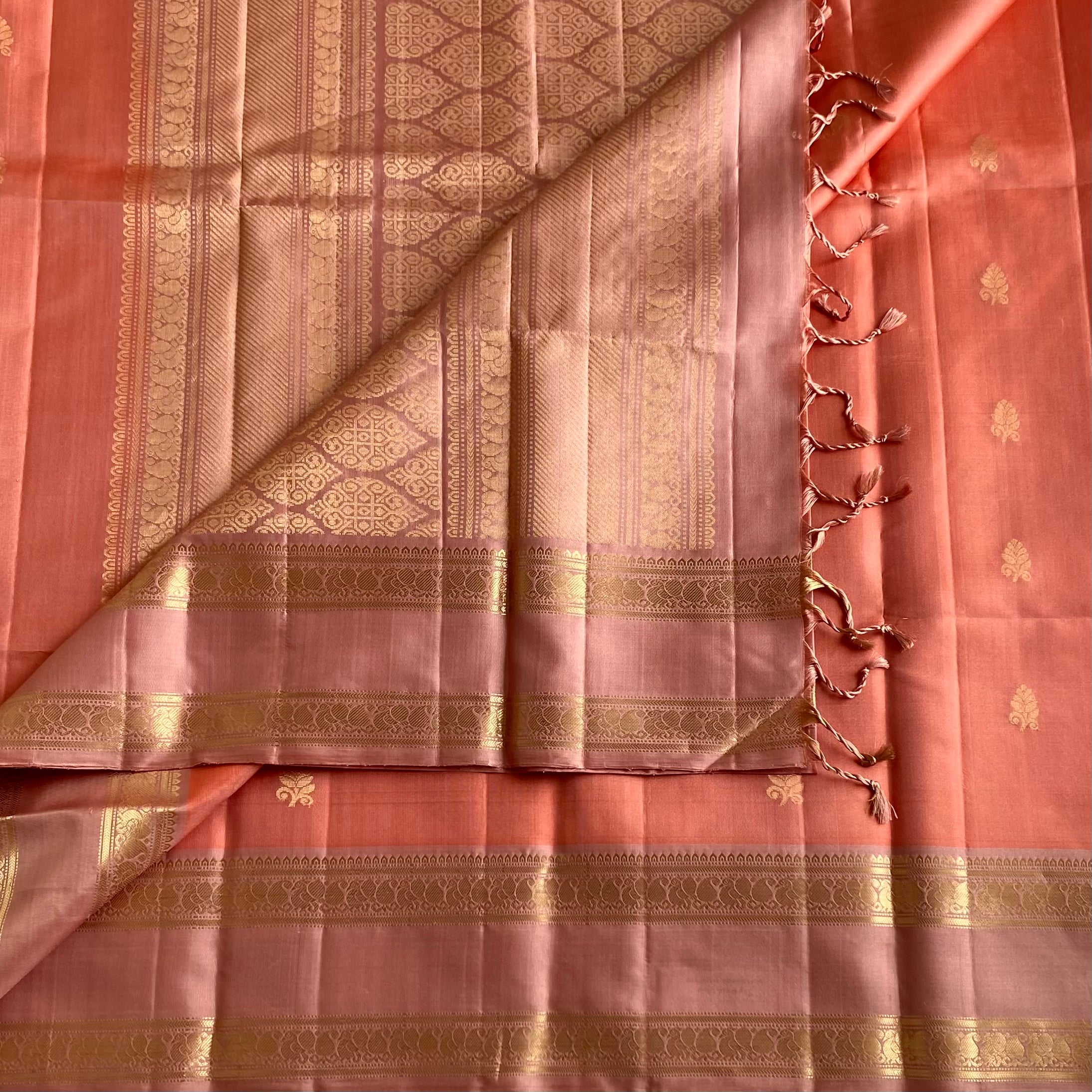 Coral Peach Designer Pure Silk Saree With Blush Pink Gold Brocade Border