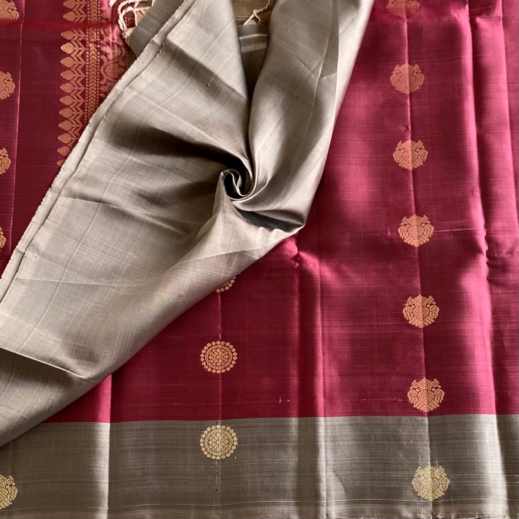 Antique Ruby Red Designer Pure Silk Saree With Ice Grey Pallu