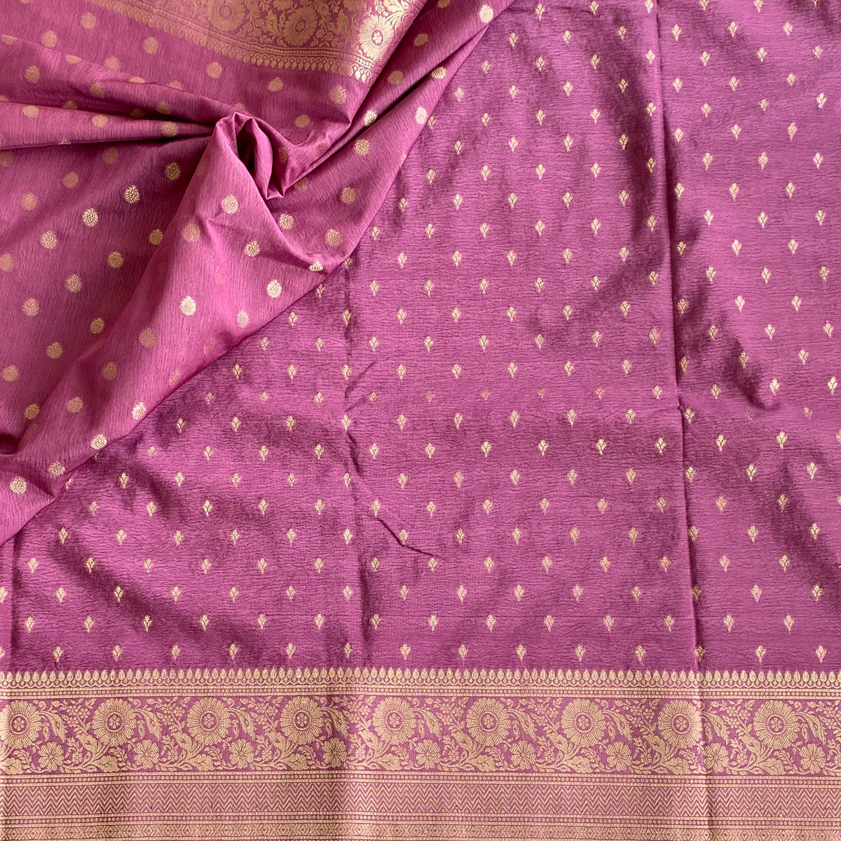 Dreamy Onion Pink Soft Satin Crepe Silk Saree With Zari Gold Pallu And Buttas