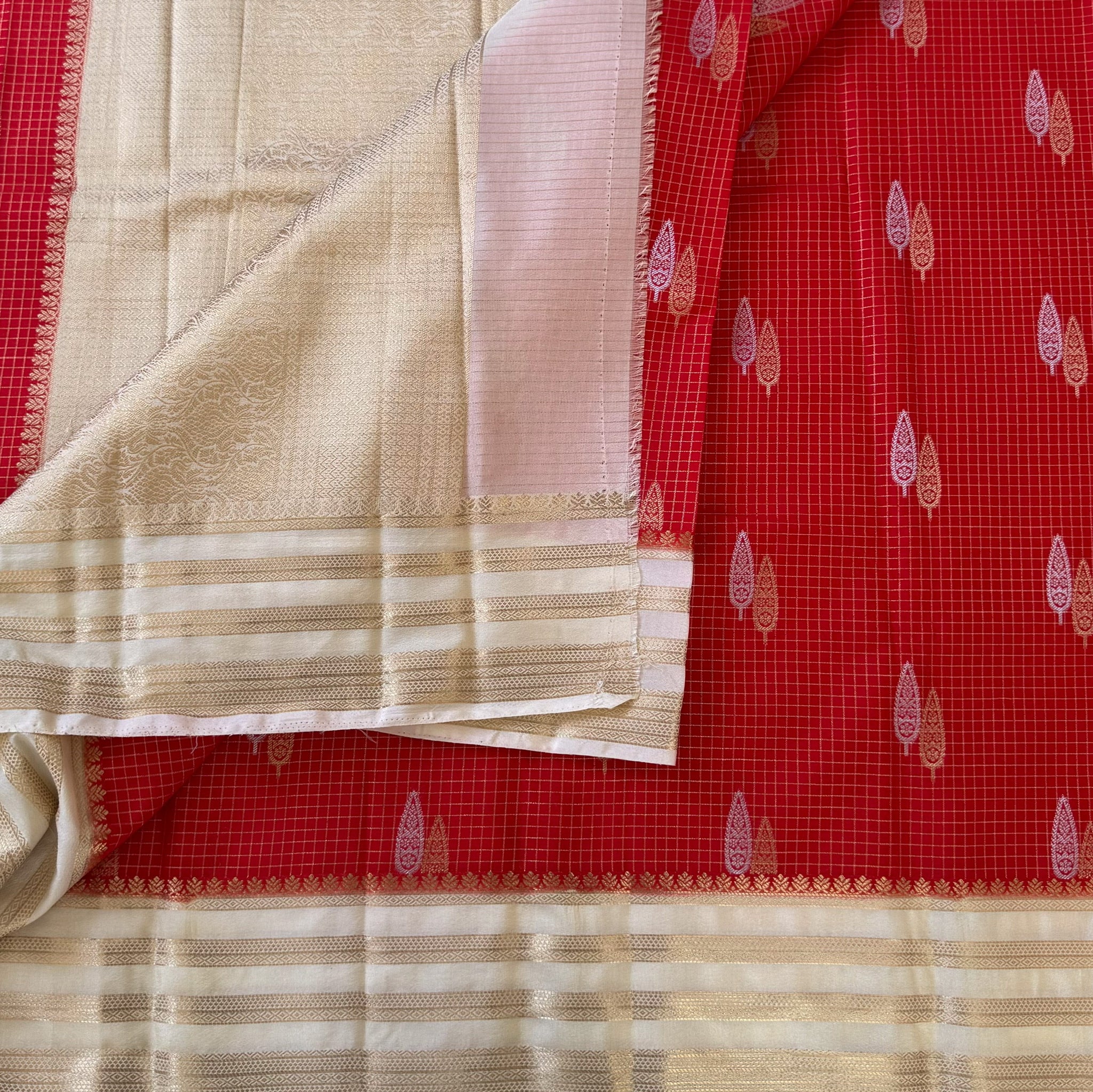 Scarlet Red Saree with Ivory Gold Brocade Border and Paisley