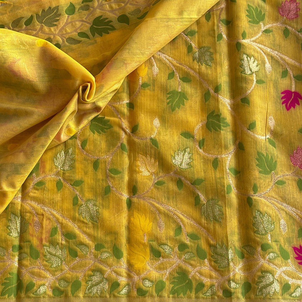 Mustard Yellow Sheer Saree Fuchsia Floral Silver Zari Tassel Edging
