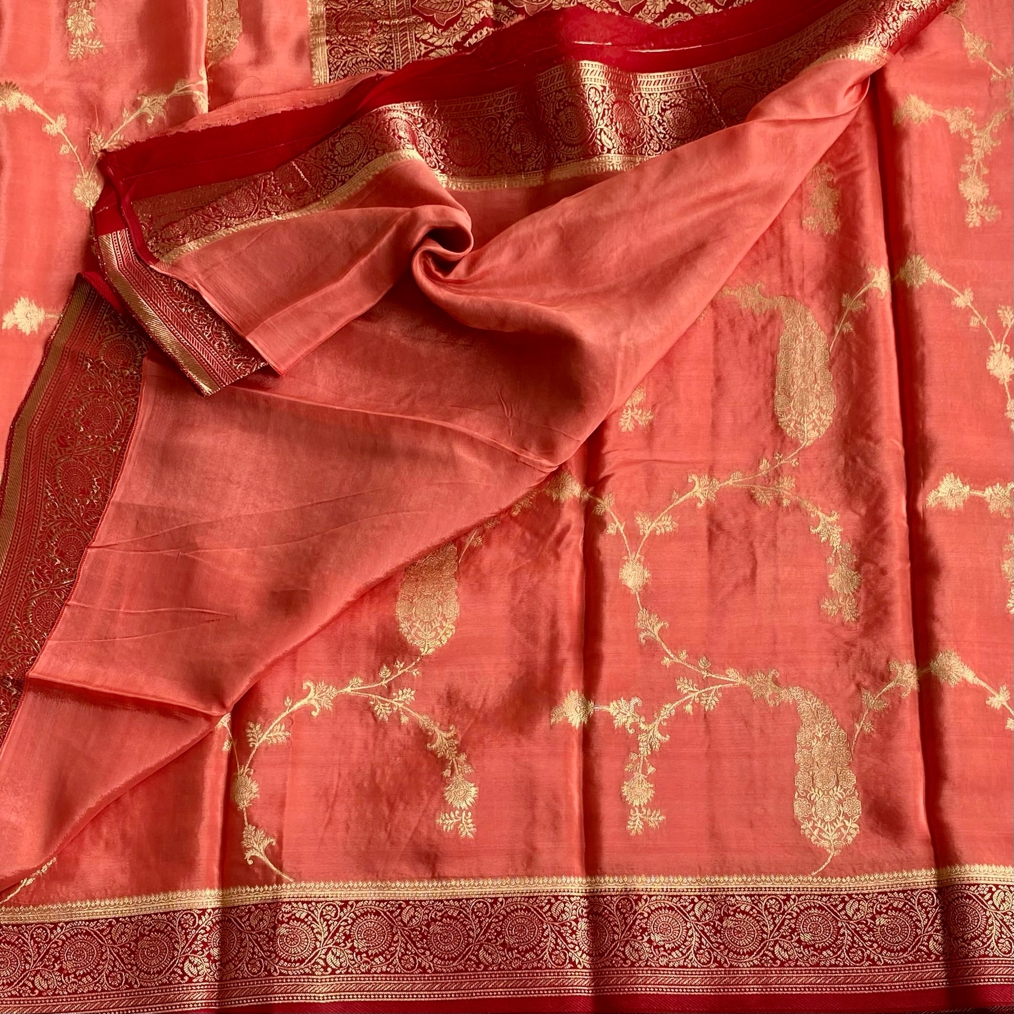 Coral Peach Soft Tussar Silk Saree With Crimson Red Border