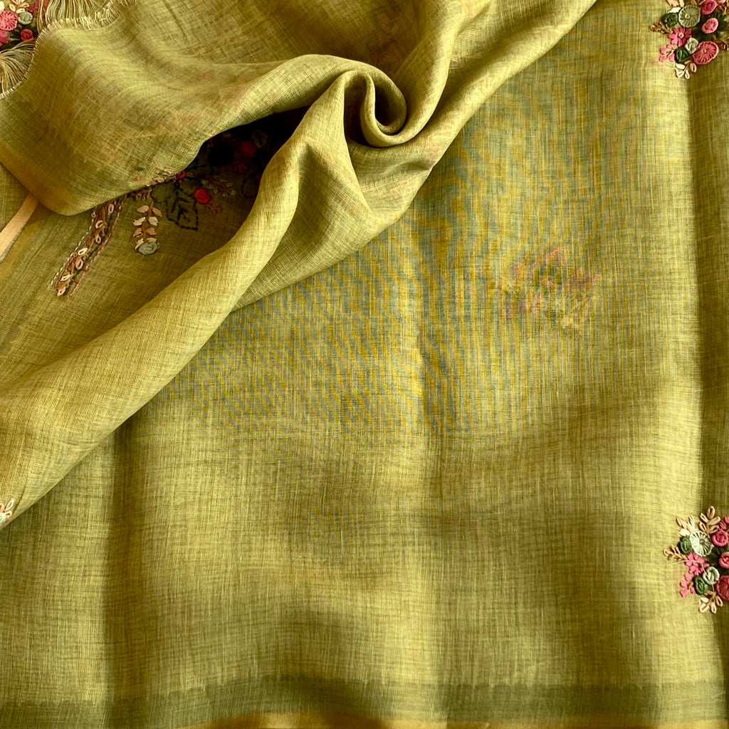 Sandy Beige Linen Saree Rose Pink Floral Embroidery Gold Zari
