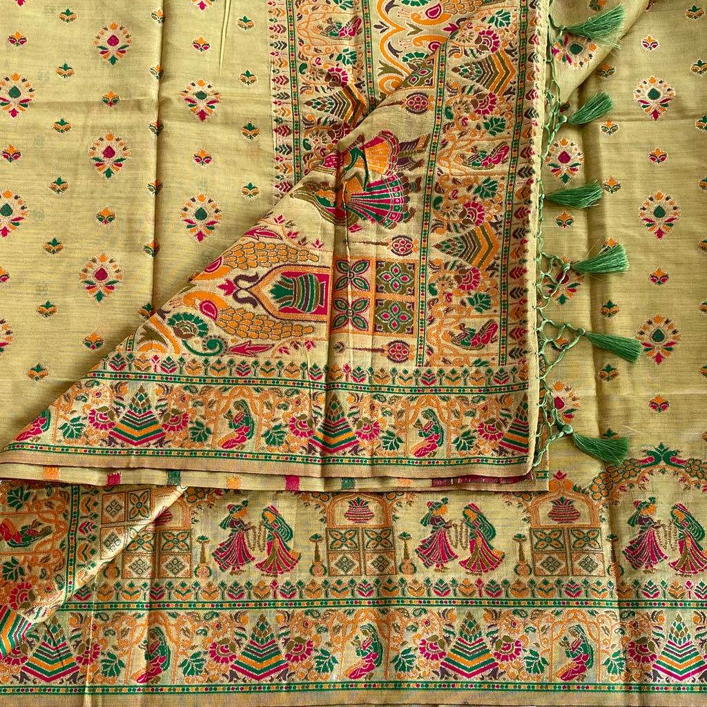 Olive Gold Banarasi Brocade Saree with Peacock Dancer Motifs Silk