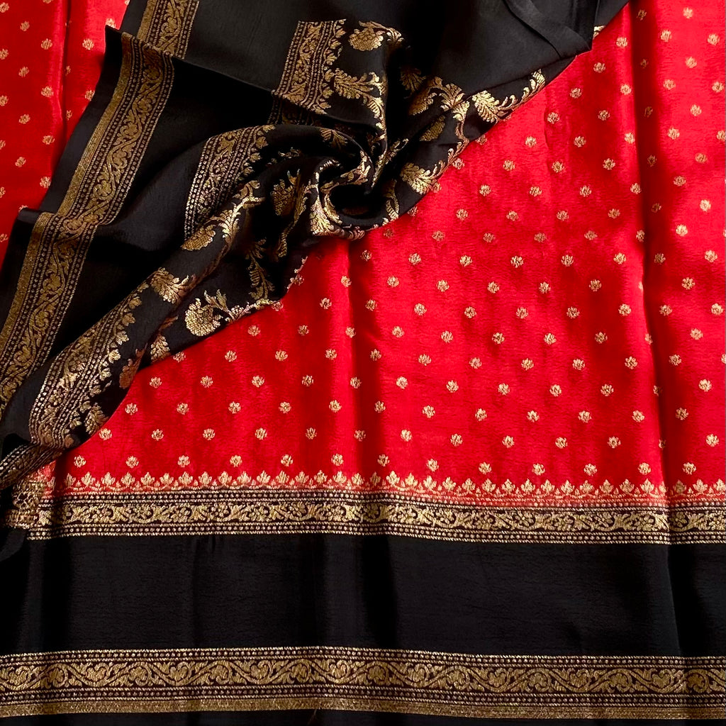 Crimson Red Banarasi Crepe Silk Saree With Jet Black Pallu