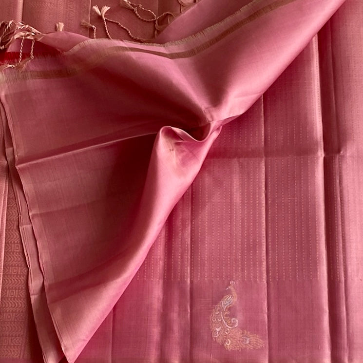 Dusty Rose Designer Pure Silk Saree With Light Gold Pallu