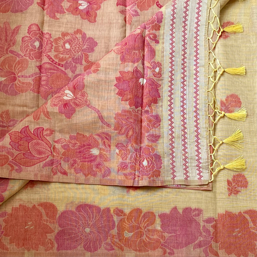 Light Mustard Floral Saree Peach Pink Pallu Yellow Tassels Soft