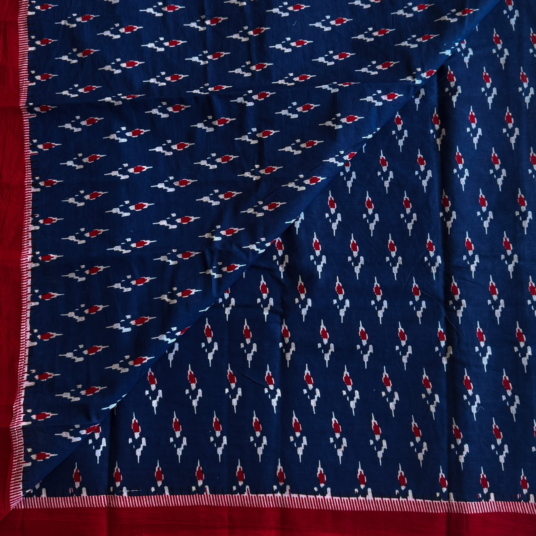 Navy Blue Crimson Cotton Ikat Saree Floral Panel Pallu Traditional