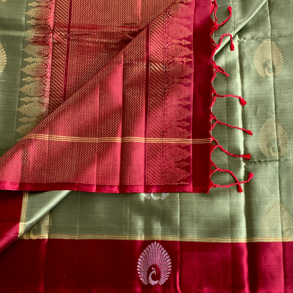 Sage Green Designer Pure Silk Saree With Deep Magenta Pallu