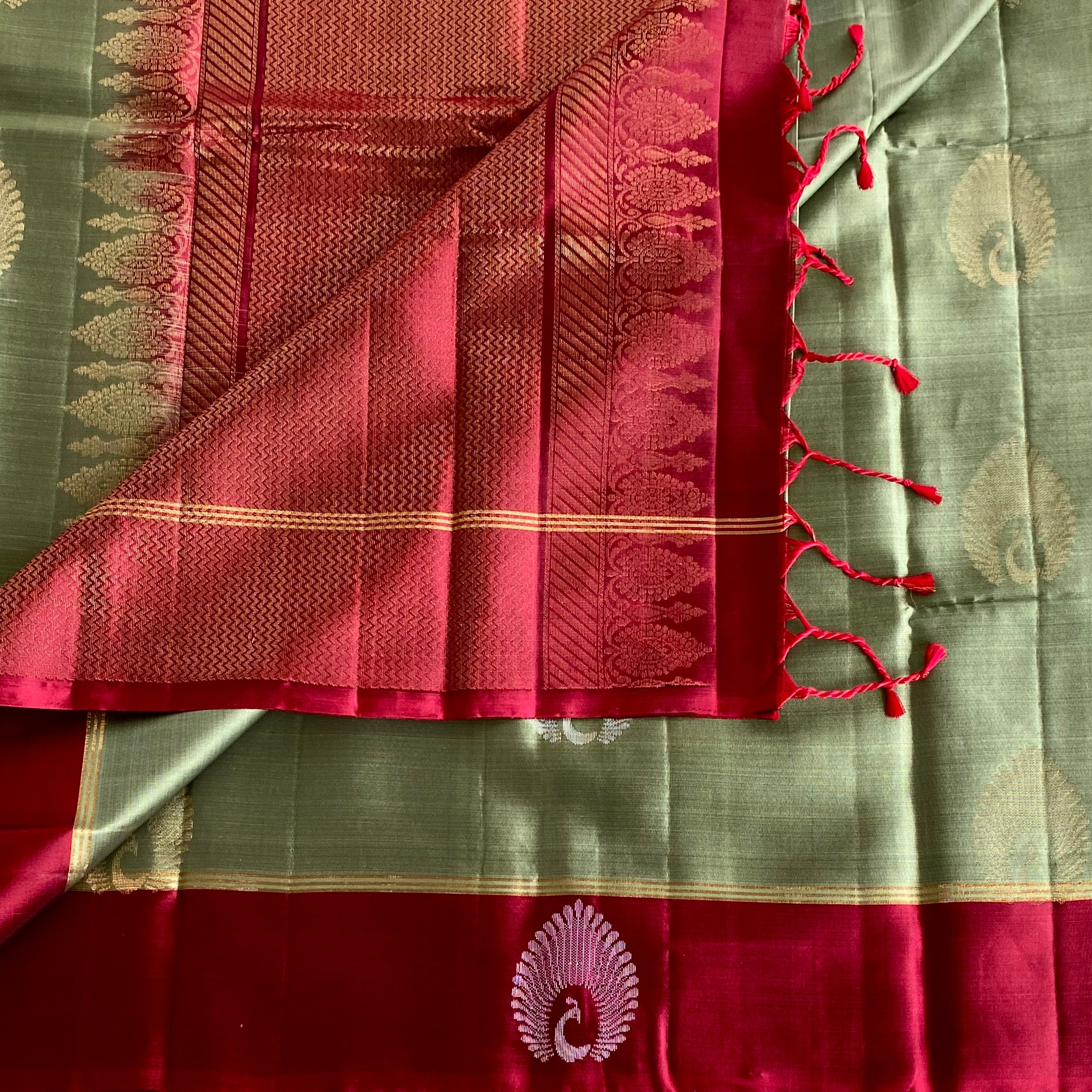 Sage Green Designer Pure Silk Saree With Deep Magenta Pallu