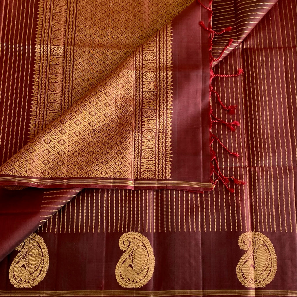 Deep Wine Brown Designer Pure Silk Saree With Antique Gold Pallu