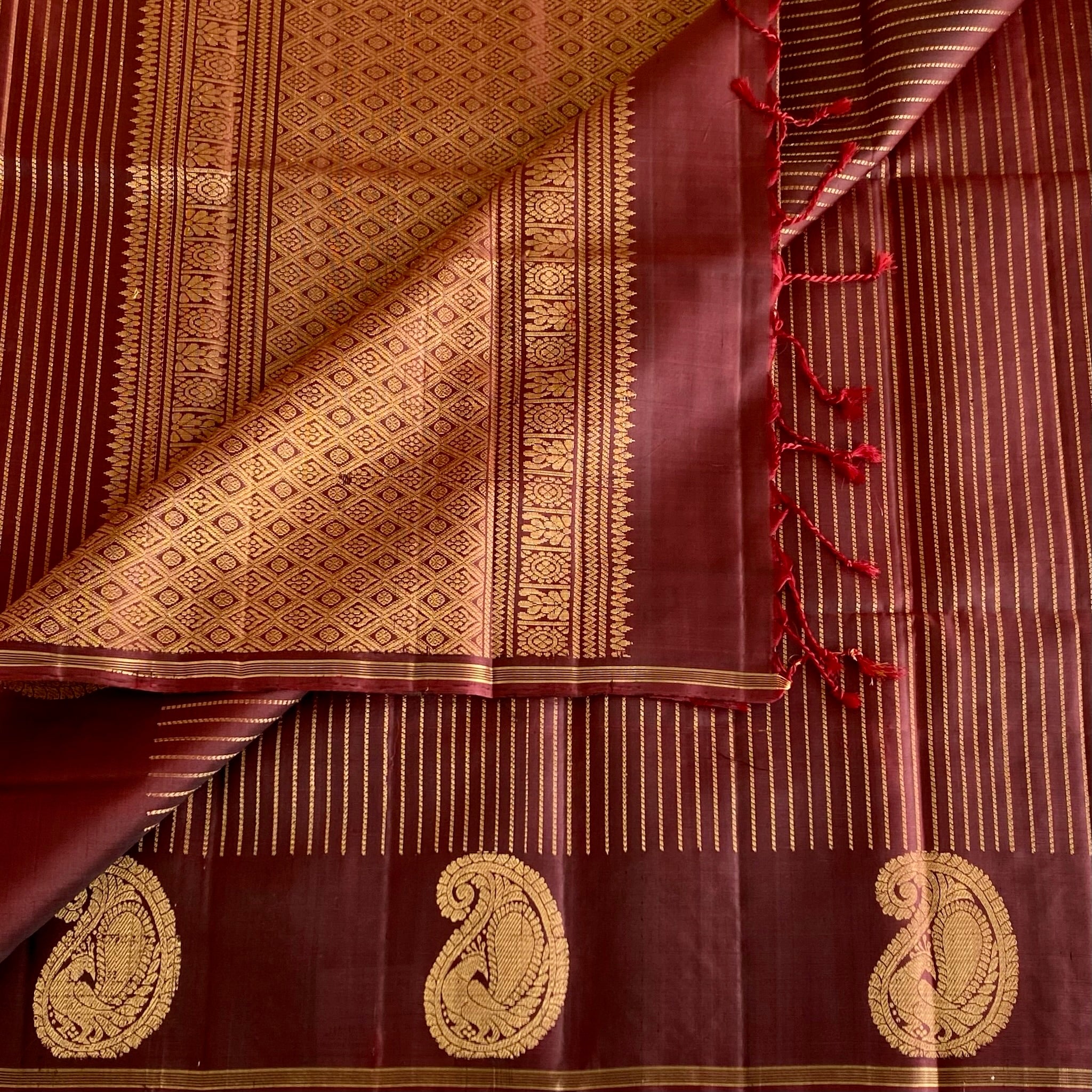 Deep Wine Brown Designer Pure Silk Saree With Antique Gold Pallu