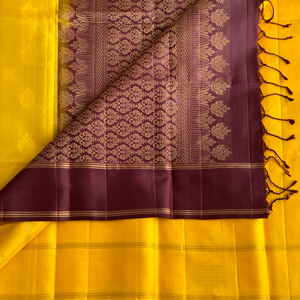 Golden Yellow Designer Pure Silk Saree With Deep Maroon Paisley Pallu