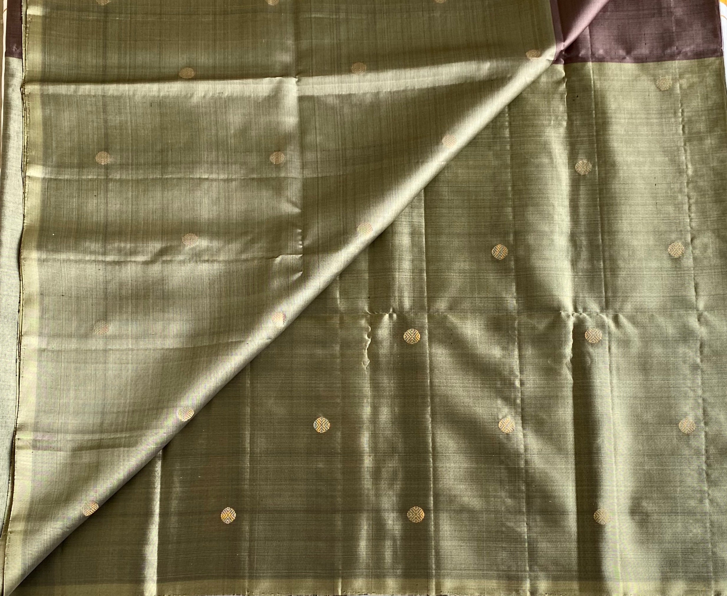 Half n half Greyish Gold with Deep Plum Designer Pure Silk with Zari Woven Buttas