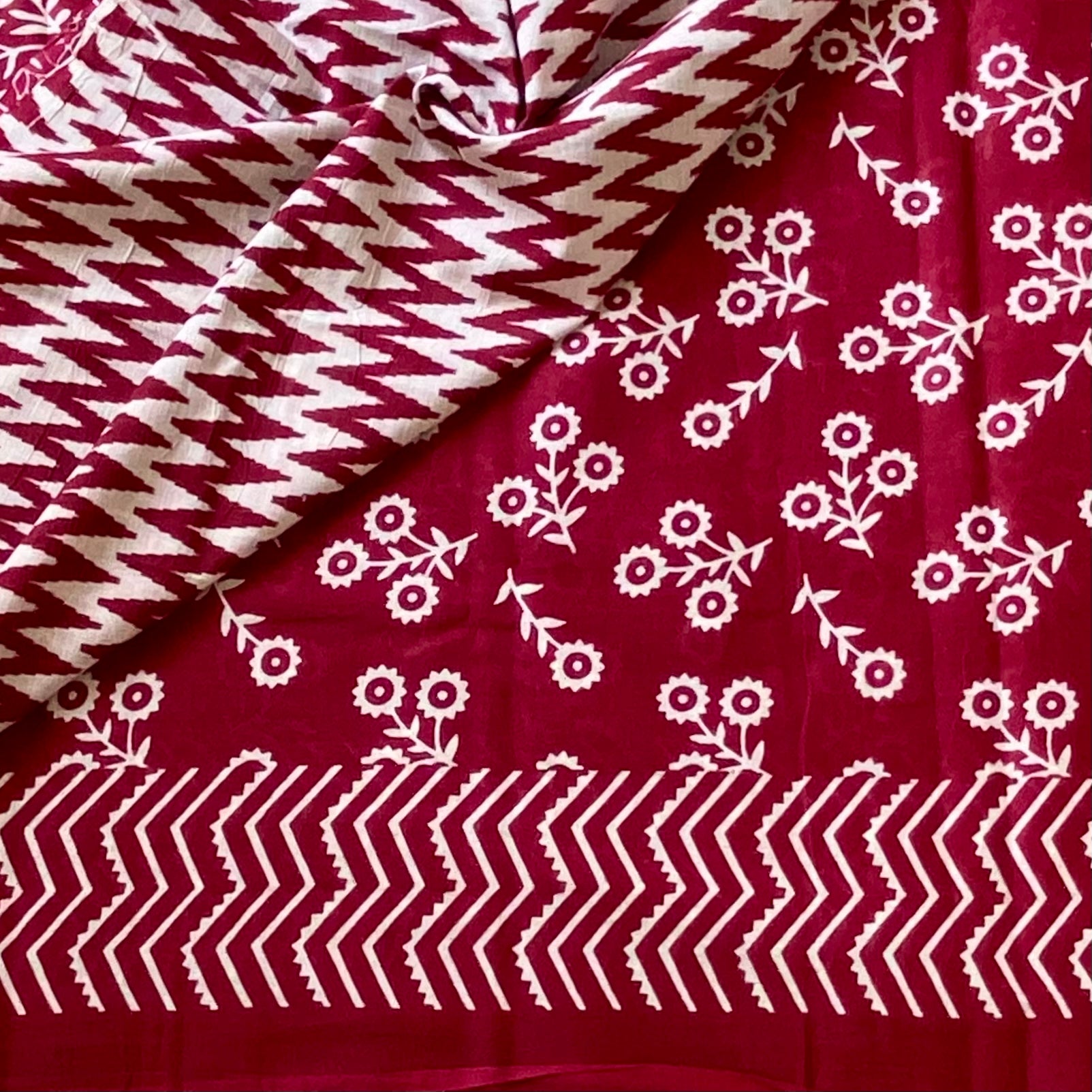 Deep Maroon Floral Block Print Cotton Saree Chevron Border Traditional