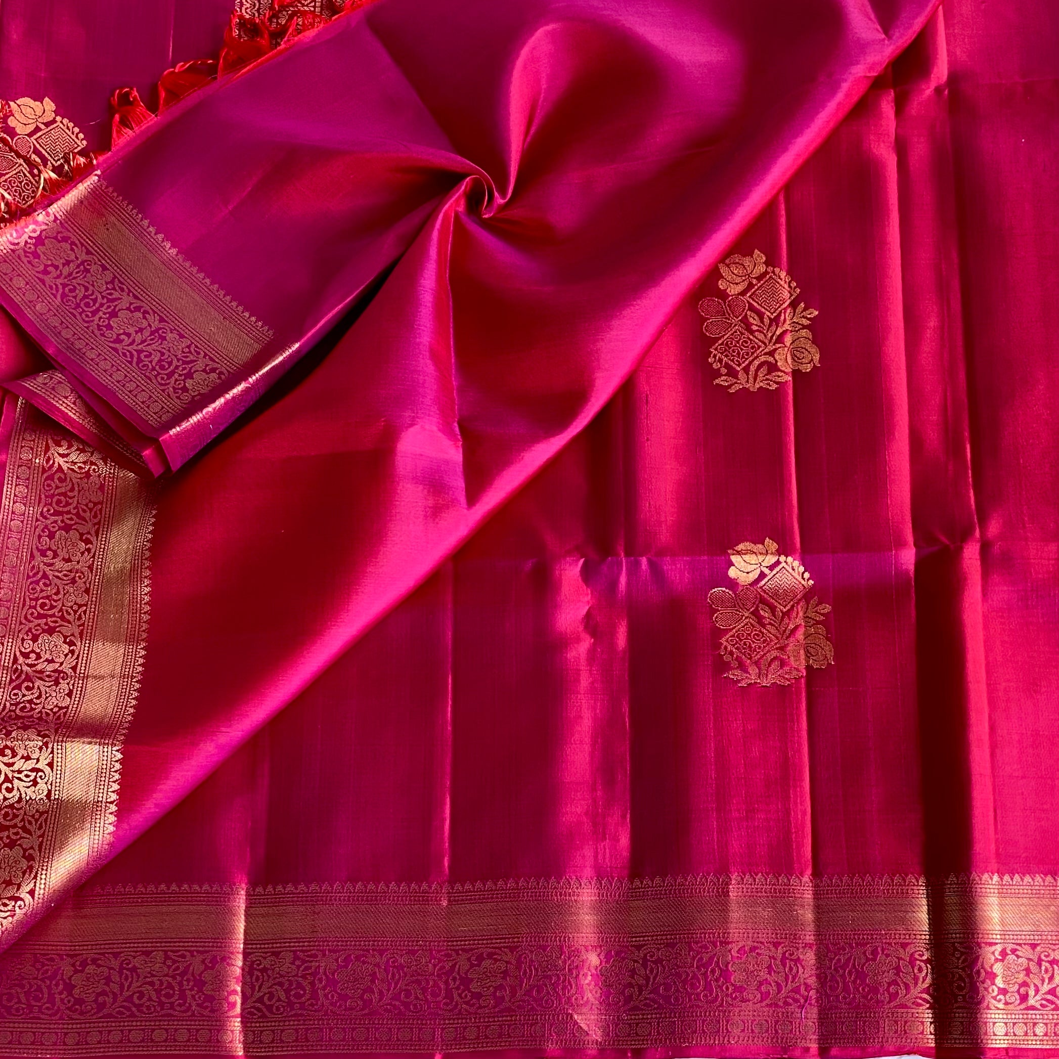 Rani Pink Designer Pure Silk Saree With Gold Zari