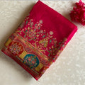 Cherry Pink Soft Crepe Silk Saree With Teal Blue Accents