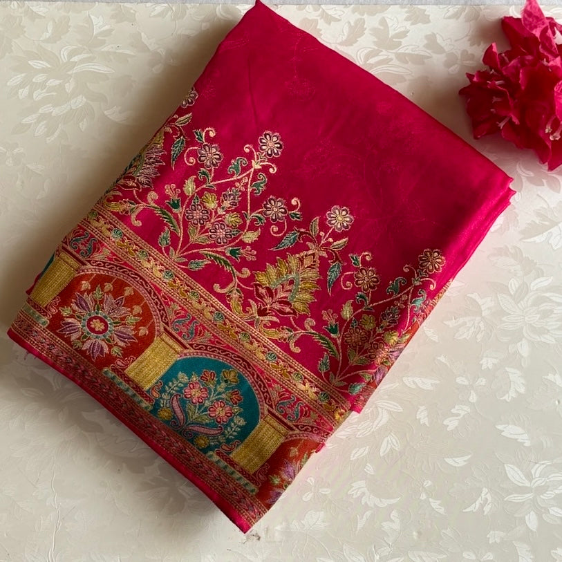 Cherry Pink Soft Crepe Silk Saree With Teal Blue Accents
