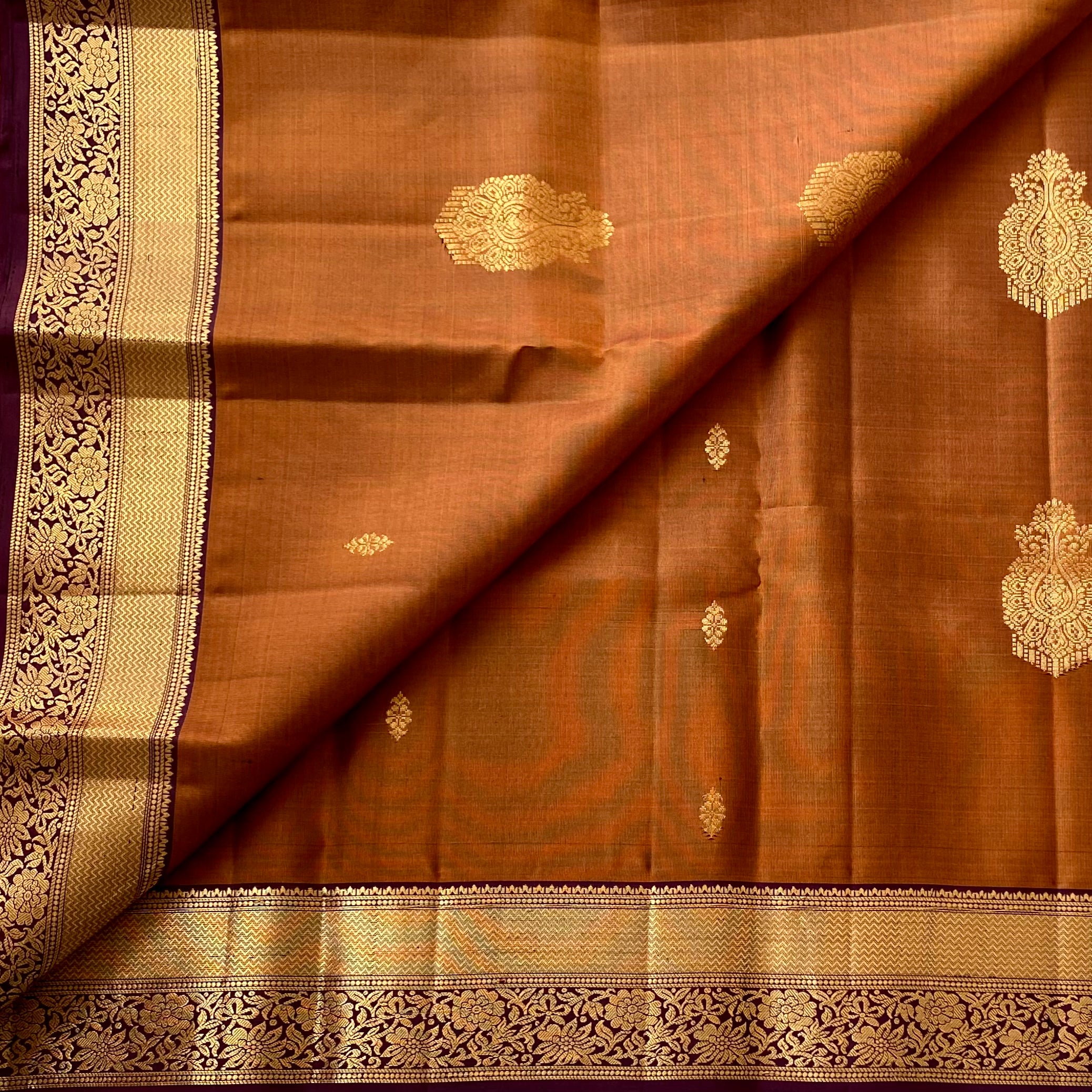 Burnt Orange Silk Saree Plum Purple Pallu Metallic Gold Zari
