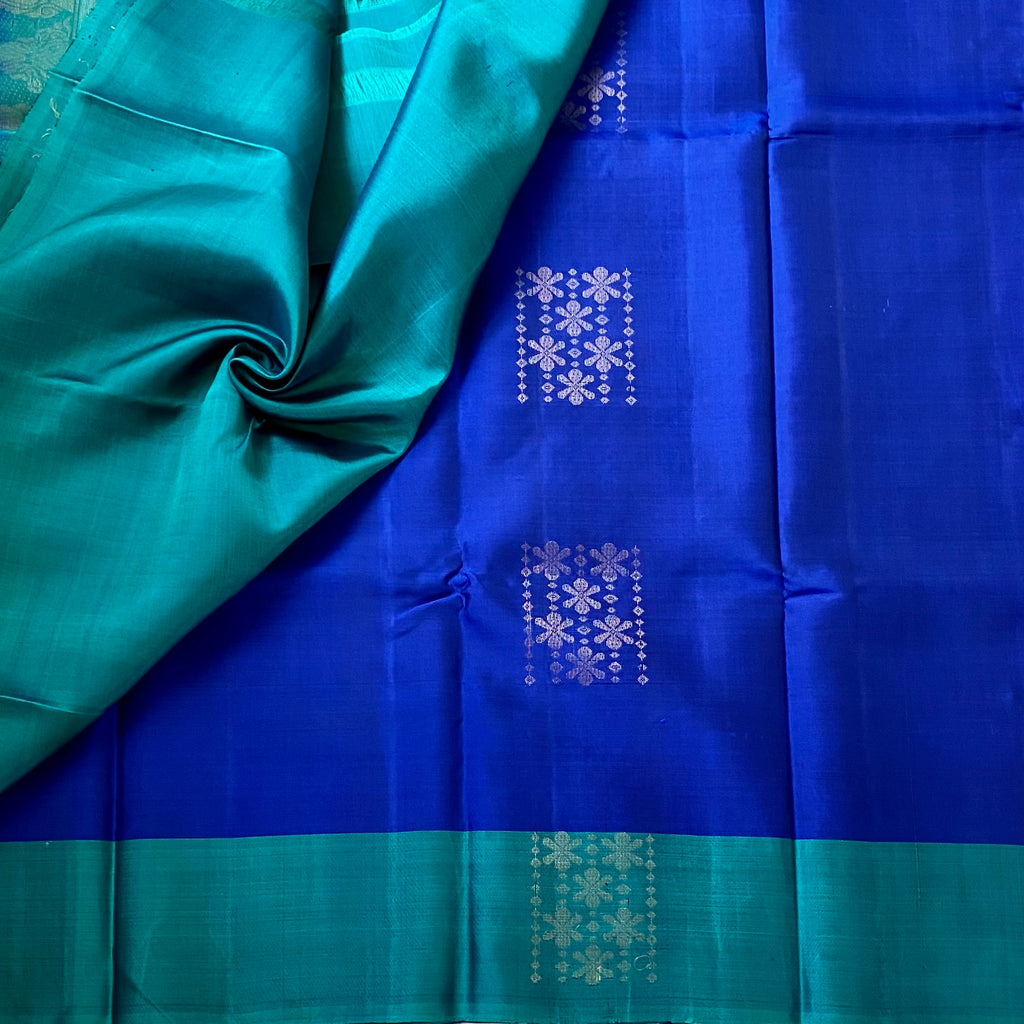 Royal Blue Teal Silk Saree Silver Zari Geometric Motif Border