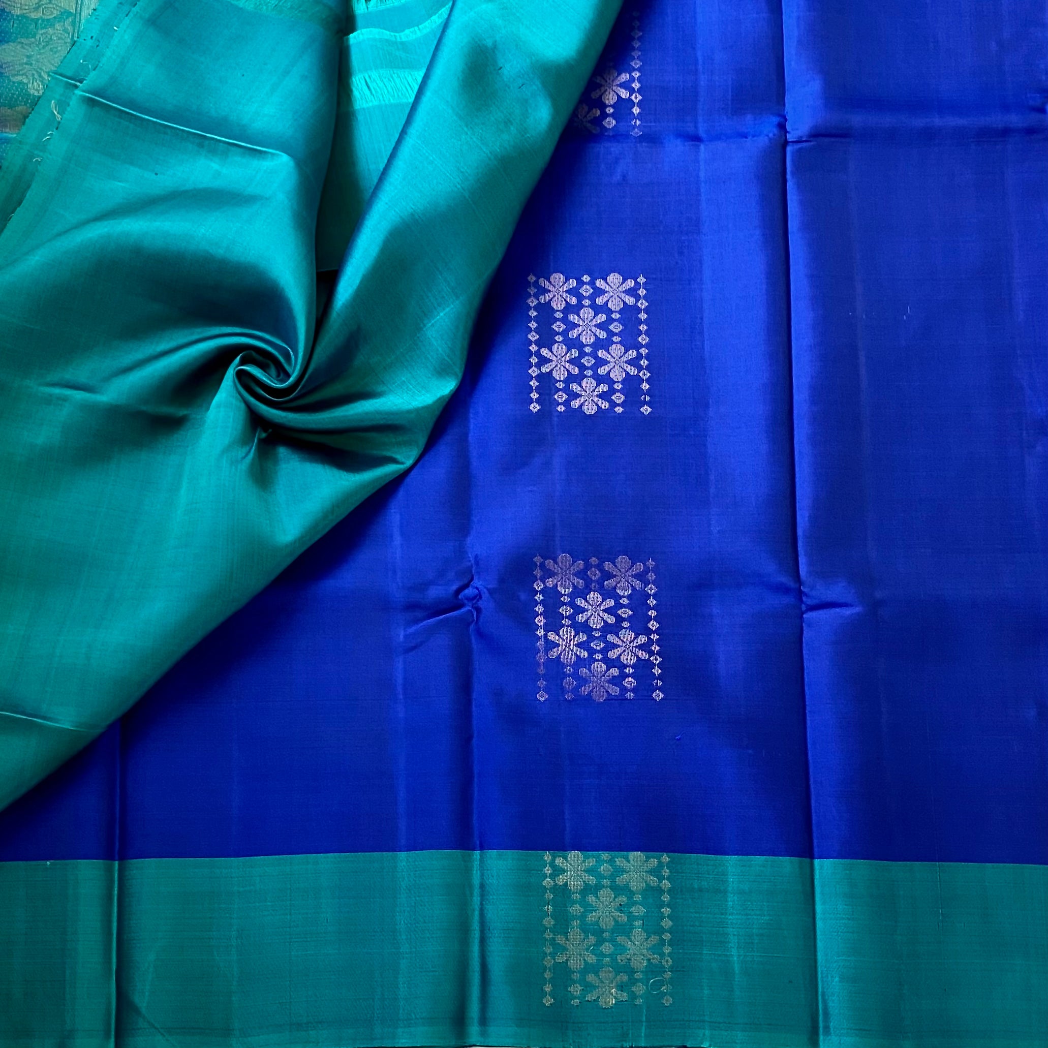 Royal Blue Teal Silk Saree Silver Zari Geometric Motif Border