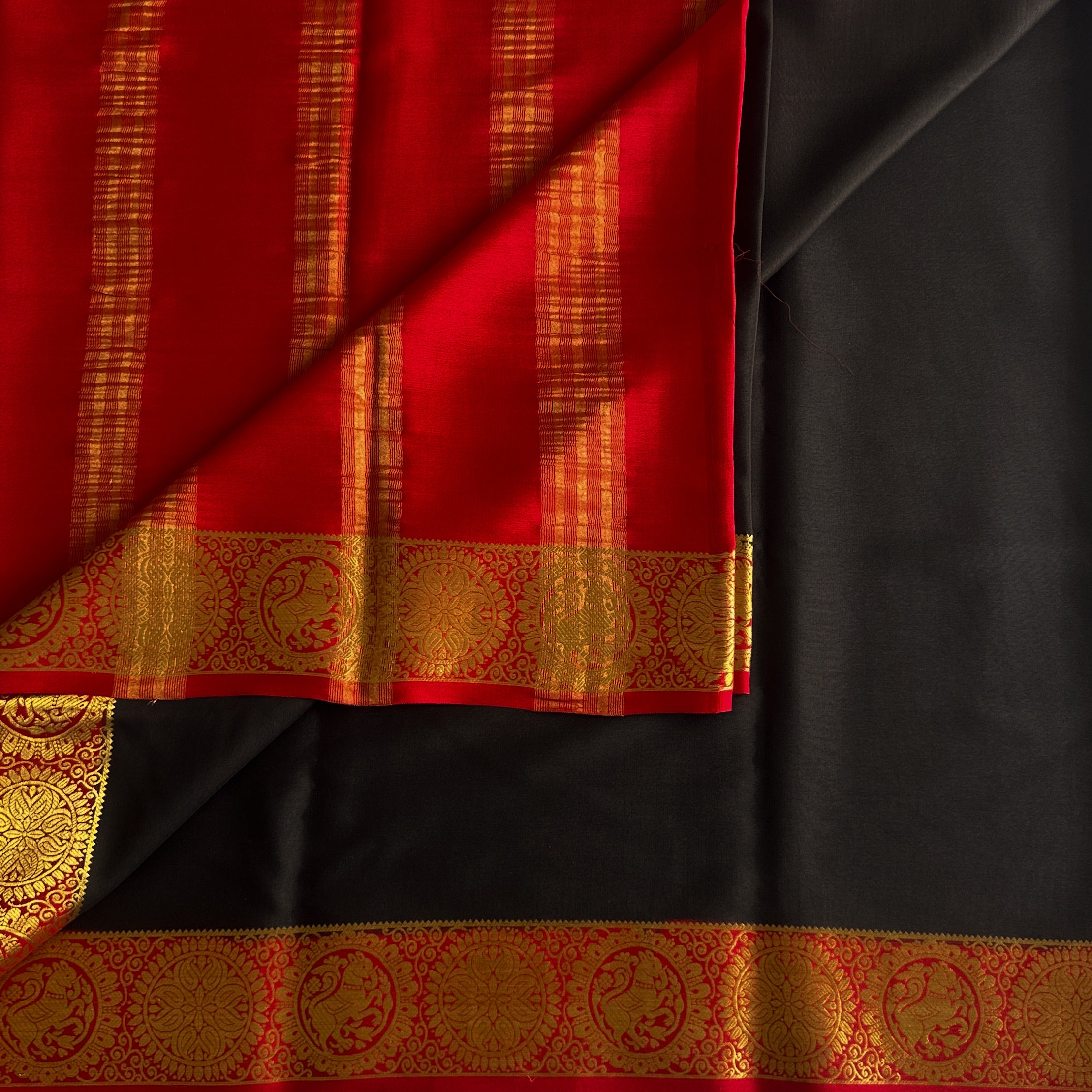Jet Black Silk Saree Gold Brocade Medallion Border Crimson Edge