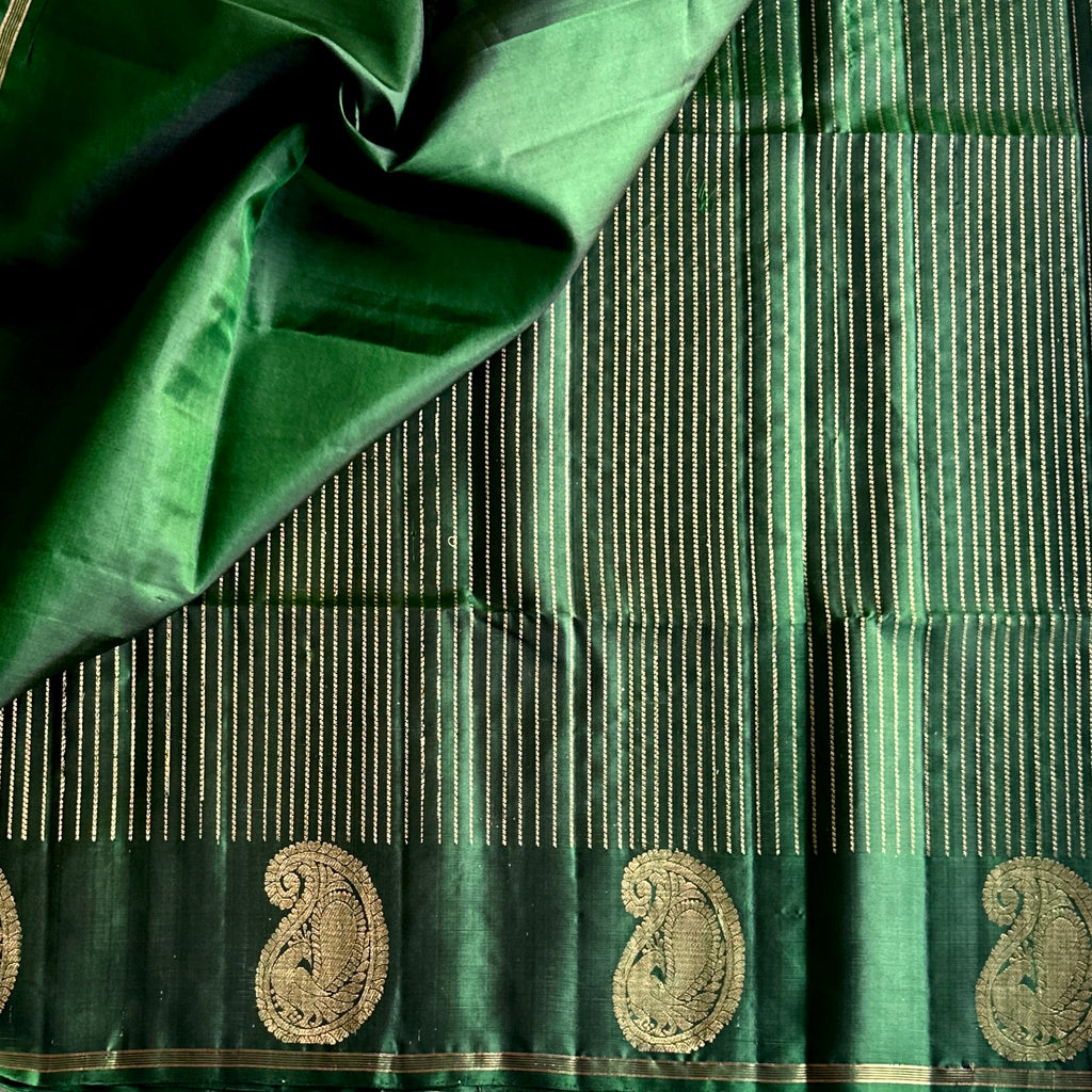 Magical Dual Shaded Emerald Green Designer Pure Silk with Zari Woven Stripes & Rich Pallu