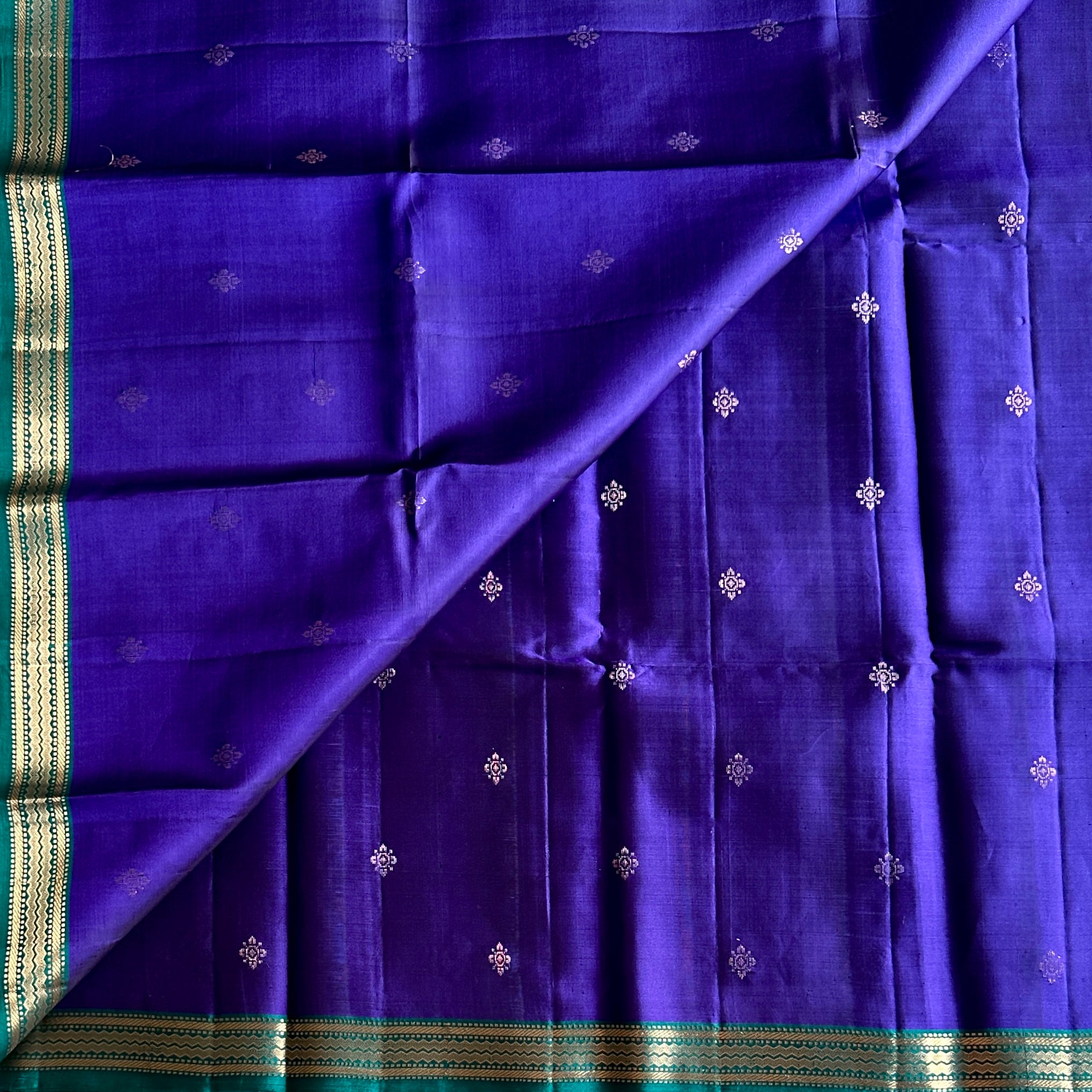 Traditional Purple Silk Saree Teal Pallu Gold Zari Floral Weave