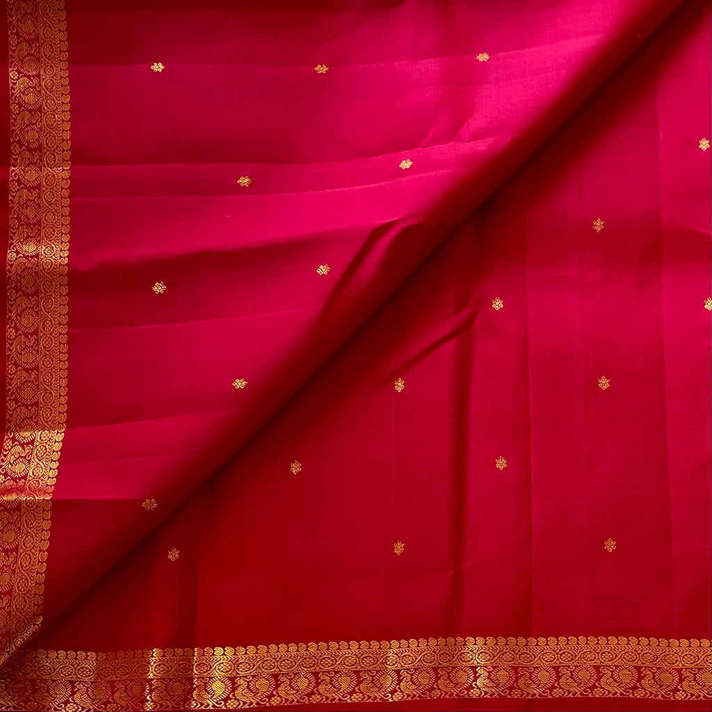 Reddish Pink Kanjeevaram Pure Zari Silk Saree With Ruby Red Pallu