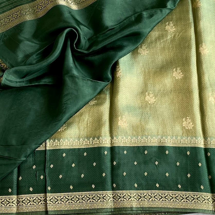 Shimmery Pista Green Soft Blended Silk With Bottle green Border
