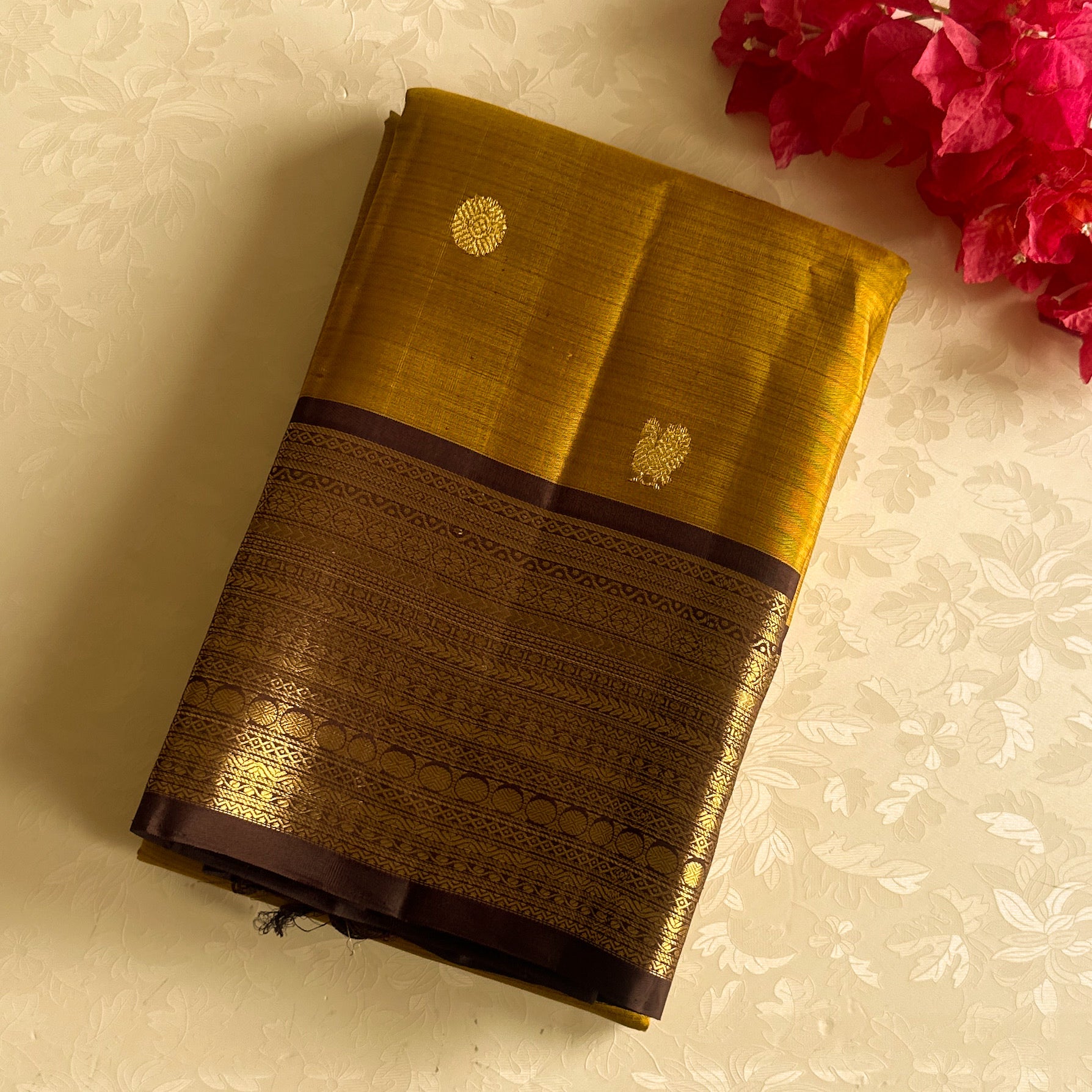 Mustard Pure Zari Kanjeevaram with Wine Zari Pallu and Broad Border