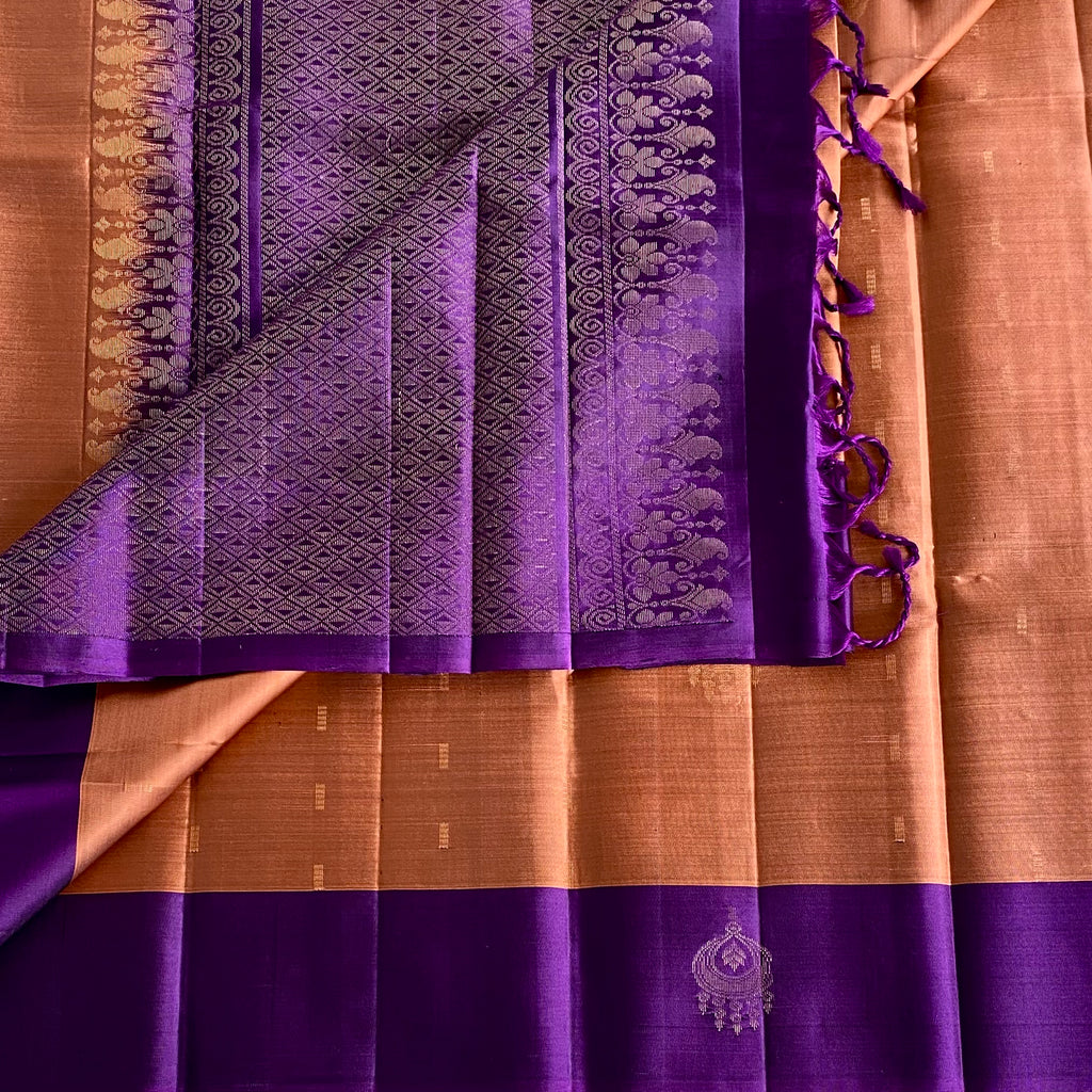 Royal Purple And Burnt Orange Designer Pure Silk Saree With Zari
