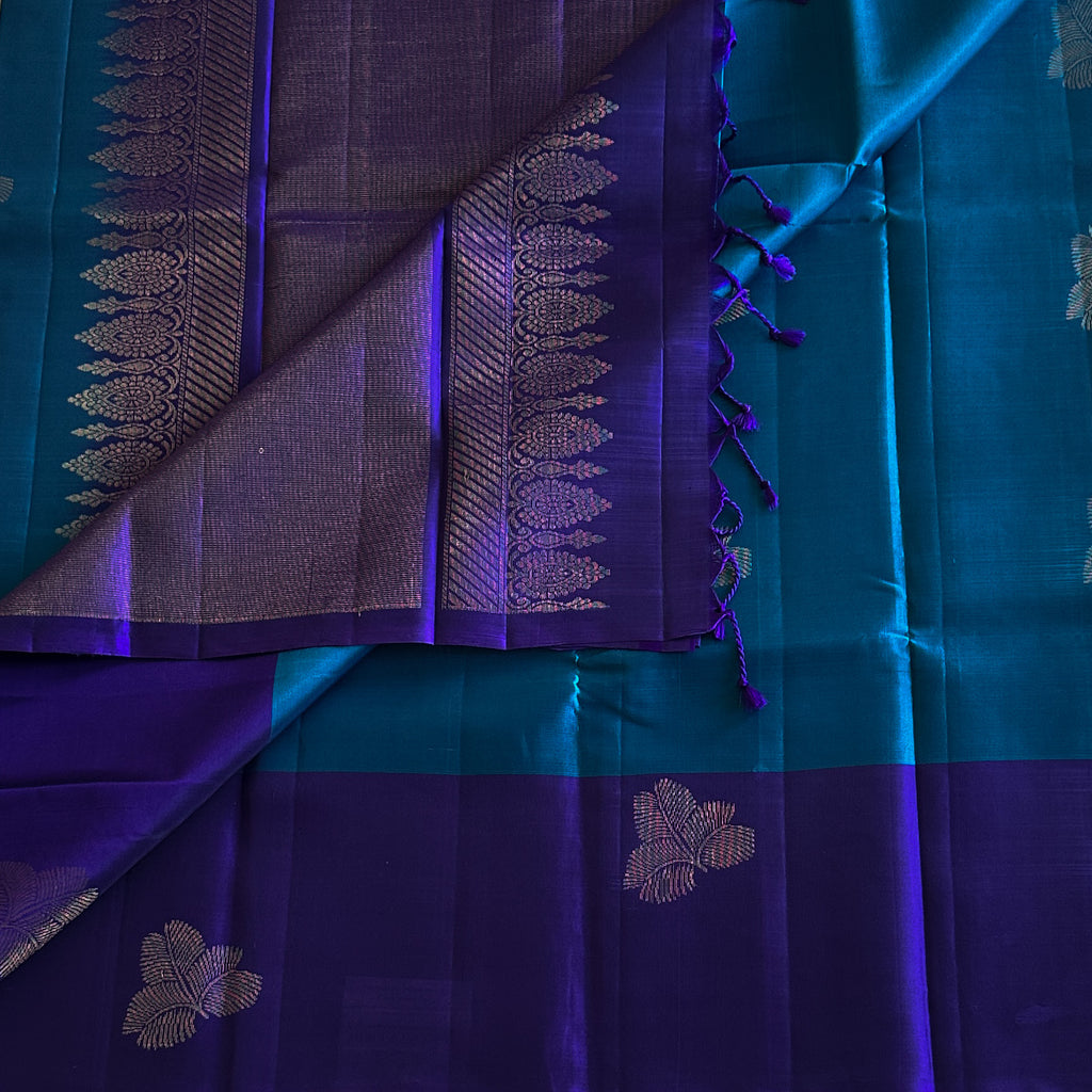 Royal Purple Teal Pallu Silk Saree With Gold Zari Border