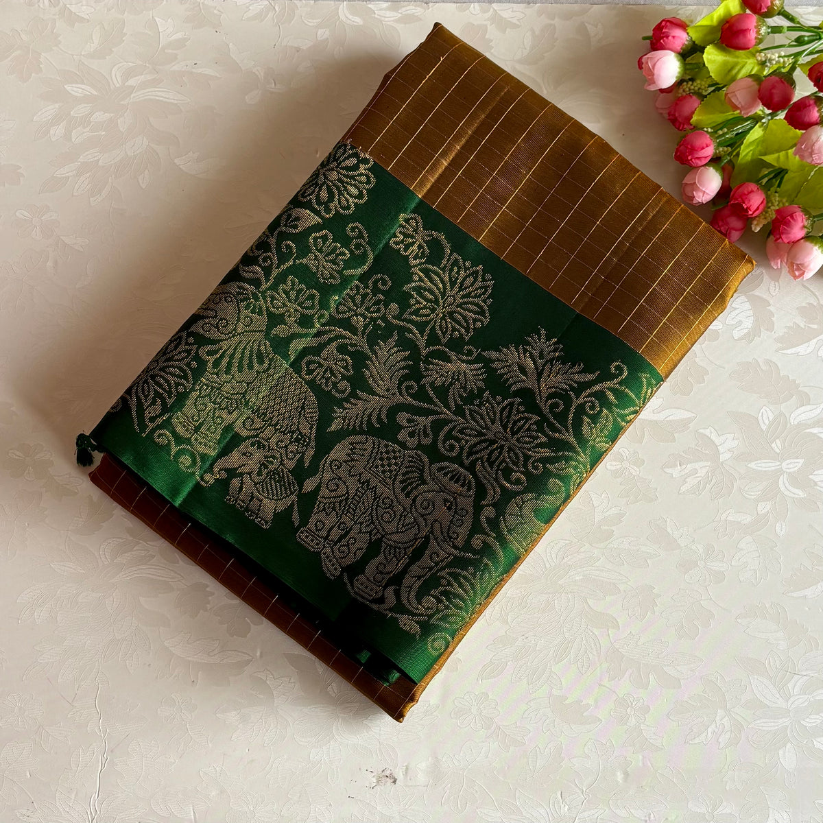 Mustard Gold Designer Pure Silk Saree With Emerald Green Pallu