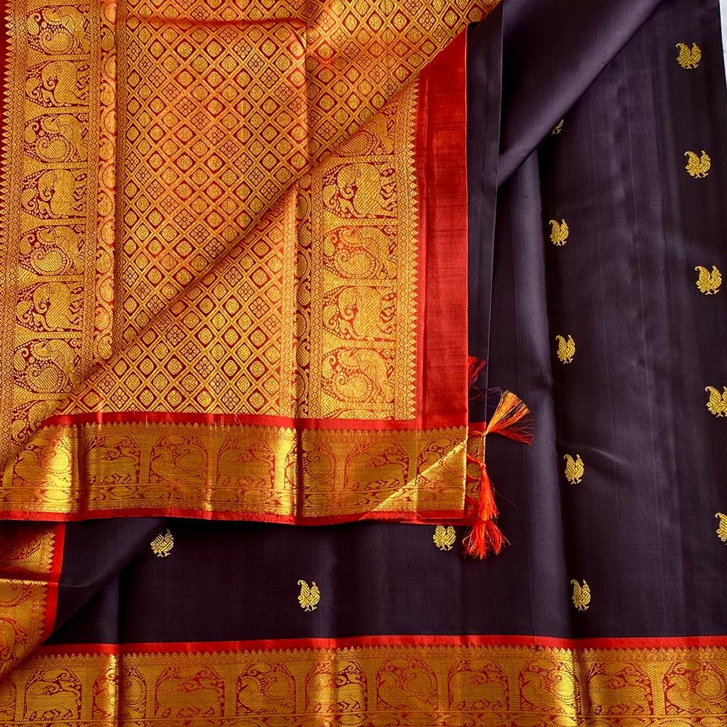 Deep Plum Brown Kanjeevaram Pure Zari Silk With Vermilion Red Border
