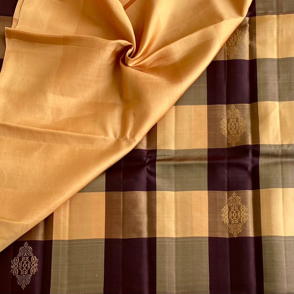 Antique Gold Designer Pure Silk Saree With Deep Plum Checks
