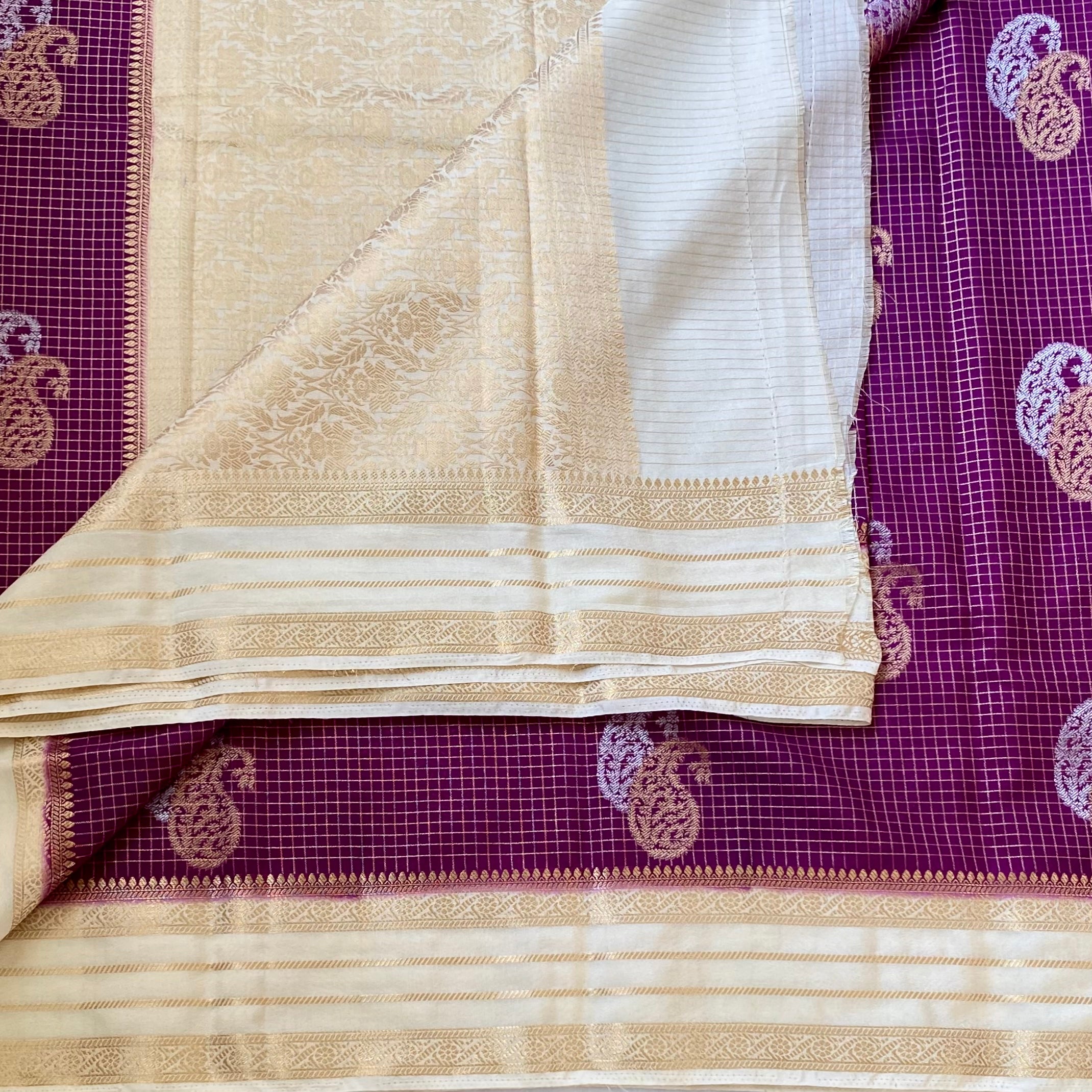 Purple Gold Paisley Saree With Ivory Gold Brocade Pallu Classic