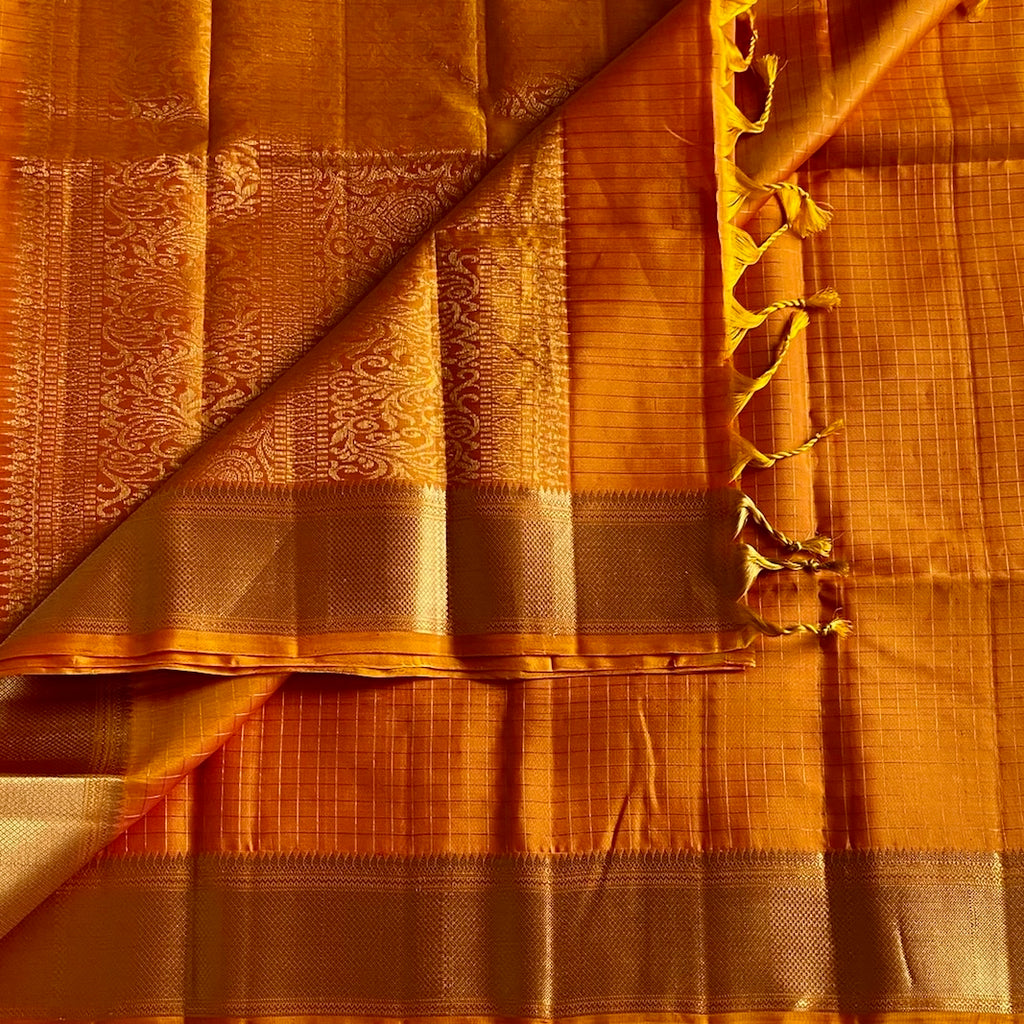 Tangerine Orange Micro Checkered Designer Pure Silk Saree With Metallic Gold Pallu