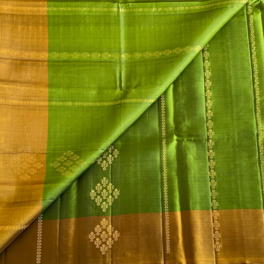 Leaf Green & Antique Mustard Gold Designer Pure Silk Saree With Woven Pallu