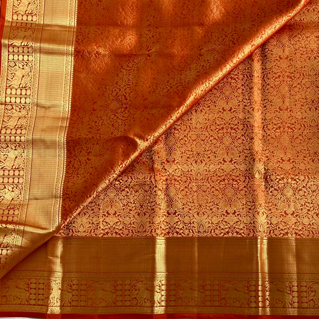 Burnt Orange Designer Brocade Pure Silk Saree With Metallic Gold Pallu