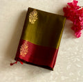 Olive Green Silk Saree Burgundy Pallu Gold Zari Floral Buta