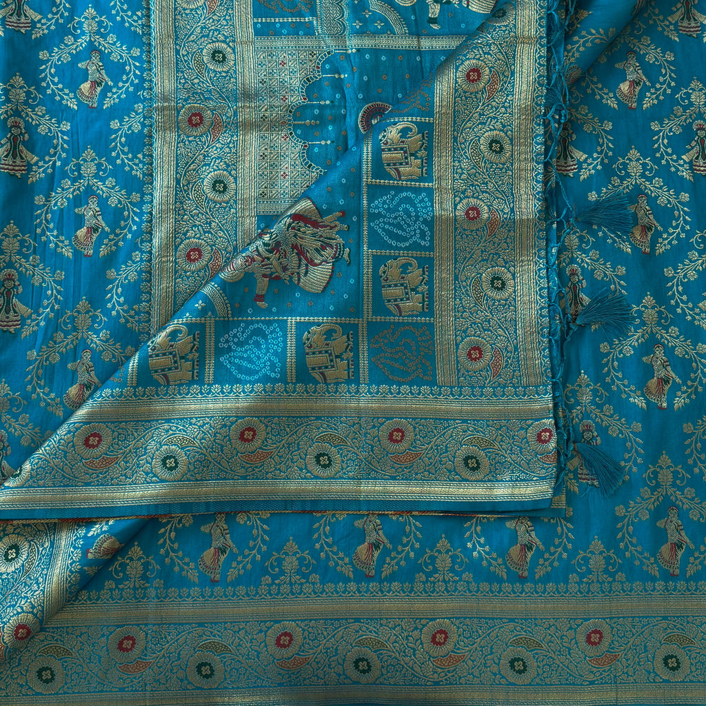 Turquoise Banarasi Silk Saree Gold Zari Floral Figurative Pallu Tassels