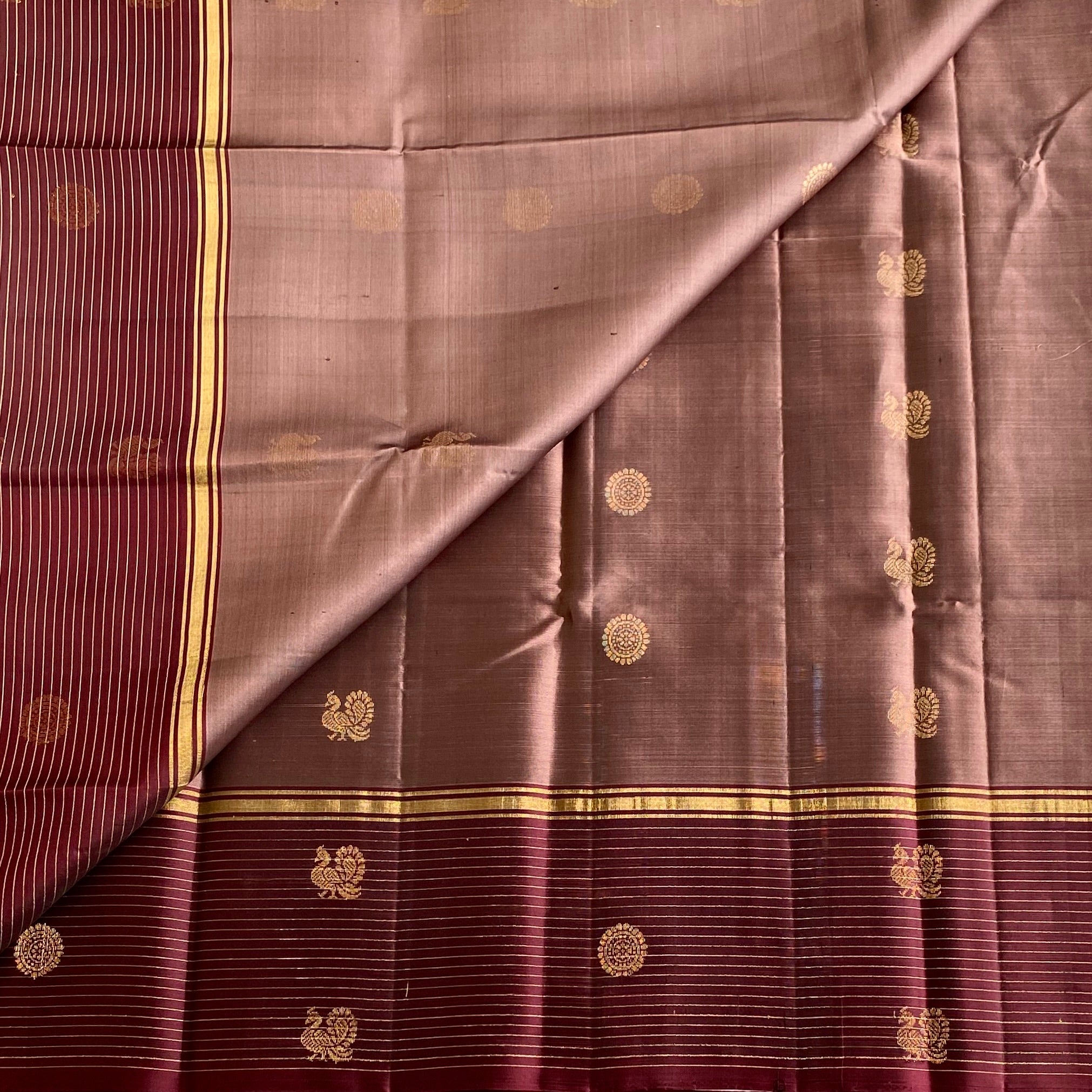Metallic Light Brown with Wine Brown With Rudraksh & Peacock Buttas