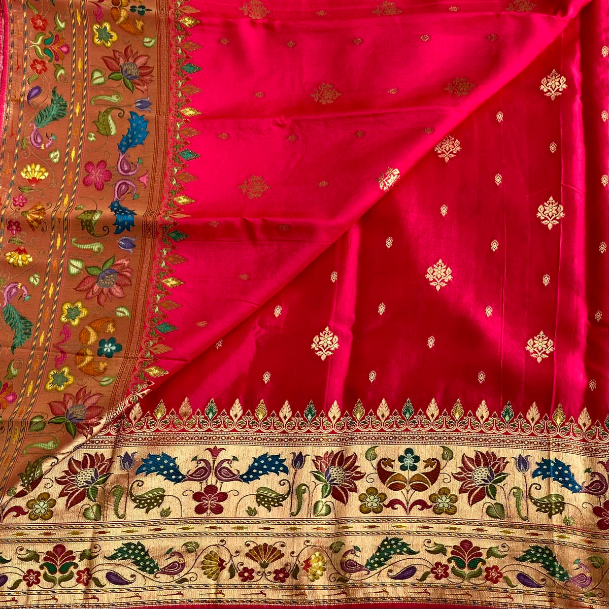 Fuchsia Pinkish Red Meenakari Soft Tussar Silk Saree With Peach Peacock Pallu